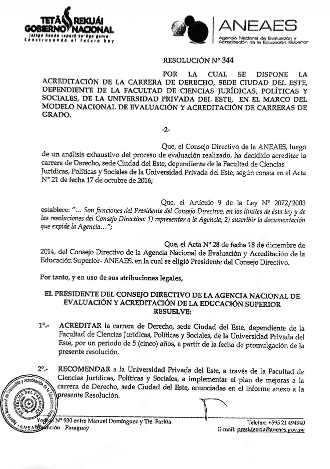 La Carrera de Derecho de la UPE CDE inscripta ante la ANEAES para su 2do. Periodo de ACREDITACIÓN